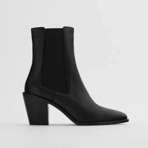 NEW Zara Leather Heeled Ankle Boots, Size-38 (EU)/7.5 (US) Heeled Chelsea Boots